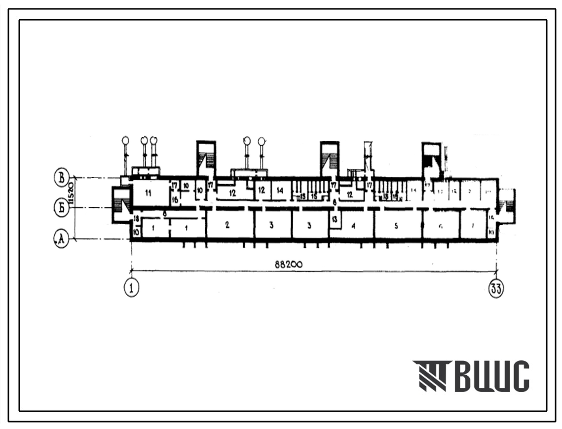 Типовой проект А-IV-1200-214С(138-02С,138-03С,138-04С) Помещения общественного назначения в подвале 5этажного жилого дома, (убежище на 1200 человек, размеры убежища 88,2м на 11,52м, режимы вентиляции 1,2).