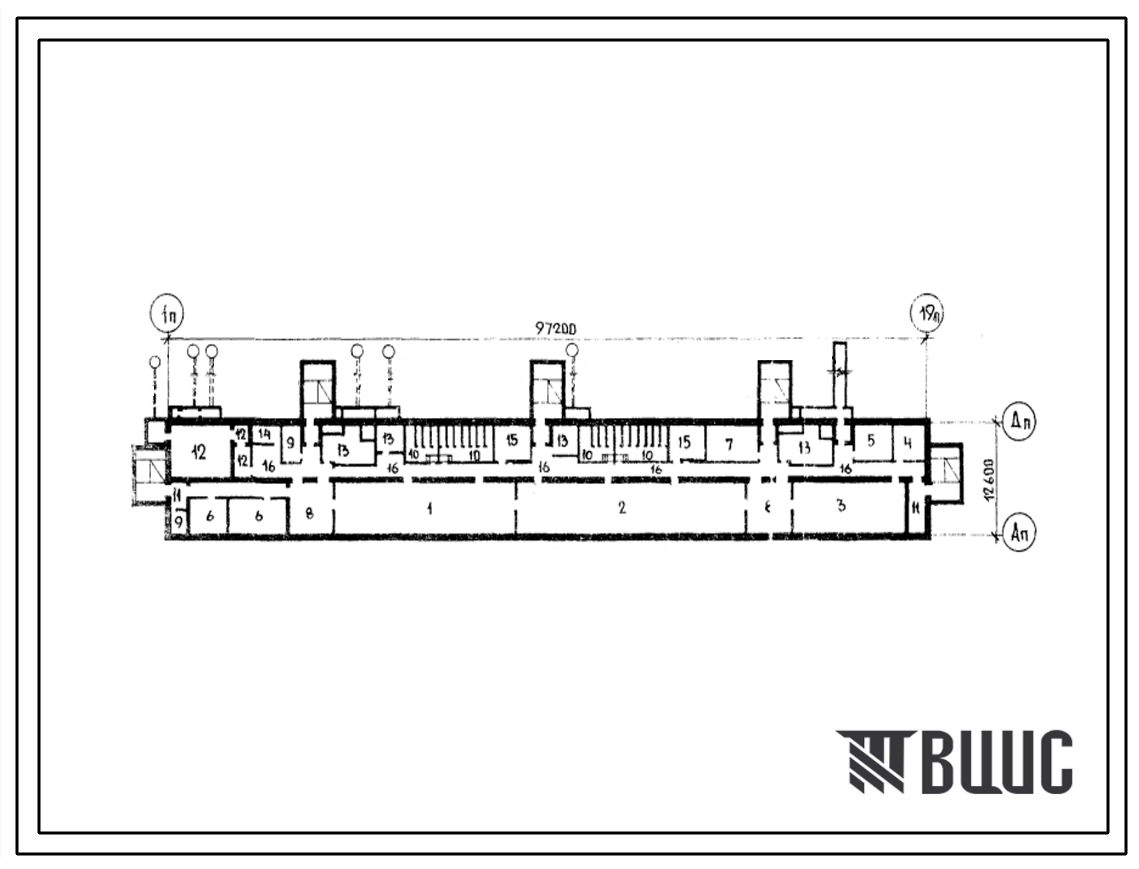 Типовой проект A-IV-1900-80/196 Помещения общественного назначения А-IV универсального типа в подвале 5-9 этажных жилых домов скомпонованных из блок секций серии 90 и 121, (убежище на 1900 человек, размеры убежища 97,2м на 12,6м, режимы вентиляции 1,2).