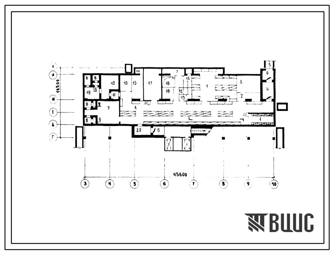 Типовой проект А-II (III,IV)-150(252-07-27.90) Вспомогательные помещения в подвале терапевтического корпуса на 60 коек для расширения больниц (убежище на 150 человек, размеры убежища 45,6м на 16,5м, режимы вентиляции 1,2).