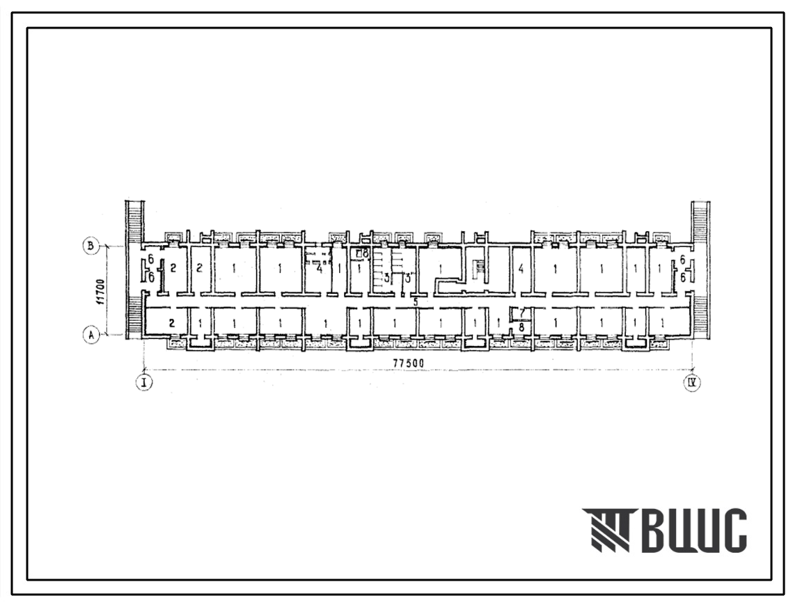 Типовой проект Б-1-800(114-144-6с) Помещения культурно-бытового обслуживания в подвале 5-этажного 4-секционного жилого дома, (убежище на 800 человек, размеры убежища 77,5м на 11,7м, режимы вентиляции 1).