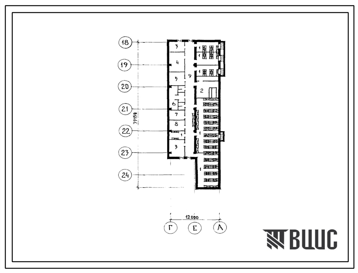 Типовой проект Б-1-400-76.157(252-3-12) Вспомогательные и подсобные помещения в подвале психоневрологического дома-интерната на 300 мест, (убежище на 400 человек, размеры убежища 39,15м на 12м, режимы вентиляции 1,2).