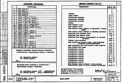 Состав фльбома. Типовой проект 87-07/1.2Альбом 3 Части 1.85, 2,3,4,5,6 Архитектурно-строительные чертежи, отопление и вентиляция, водоснабжение и канализация, газоснабжение, электрооборудование, устройства связи выше отм.0.000