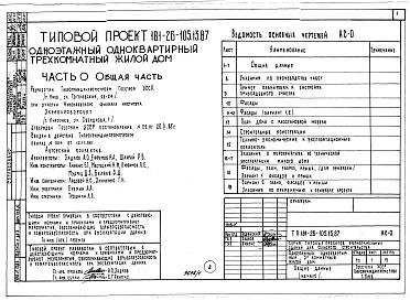 Состав фльбома. Типовой проект 181-26-105.13.87Альбом 1 Части 0, 1, 2, 3, 4, 5, 6 Общая часть. Архитектурно-строительные решения. Отопление и вентиляция. Внутренний водопровод и канализация. Газоснабжение. Электрооборудование. Связь и сигнализация