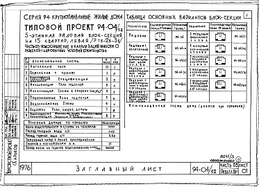 Состав фльбома. Типовой проект 94-04/1.2Альбом 3 Часть 0-1 Архитектурно-строительные решения ниже отм.0.000 Раздел 0-1 Для обычных условий строительства. Часть 03 Водоснабжение и канализация ниже отм.0.000 Раздел 03-1 Для обычных условий строительства