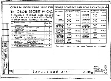 Состав фльбома. Типовой проект 94-04/1.2Альбом 6 Часть 1 Архитектурно-строительные чертежи выше отм.0.000.  Часть 2 Отопление и вентиляция Раздел 2-1 С радиаторами и конвекторами. Часть 3 Водоснабжение и канализация выше отм.0.000. Часть 4 Газоснабжение. Часть 5 Электрооборудование. Ч