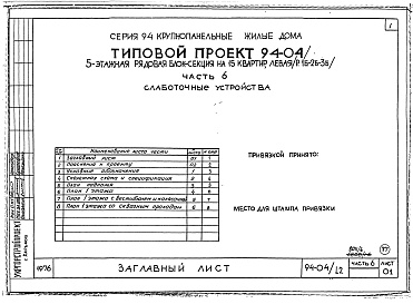 Состав фльбома. Типовой проект 94-04/1.2Альбом 6 Часть 1 Архитектурно-строительные чертежи выше отм.0.000.  Часть 2 Отопление и вентиляция Раздел 2-1 С радиаторами и конвекторами. Часть 3 Водоснабжение и канализация выше отм.0.000. Часть 4 Газоснабжение. Часть 5 Электрооборудование. Ч