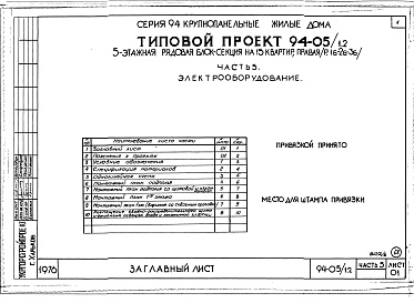 Состав фльбома. Типовой проект 94-05/1.2Альбом 6 Часть 1 Архитектурно-строительные чертежи выше отм.0.000. Часть 2 Отопление и вентиляция Раздел 2-1 С радиаторами и конвекторами. Часть 3 Водоснабжение и канализация выше отм.0.000. Часть 4 Газоснабжение. Часть 5 Электрооборудование. Часть 6 Слаб