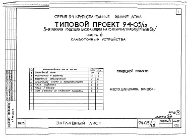 Состав фльбома. Типовой проект 94-05/1.2Альбом 6 Часть 1 Архитектурно-строительные чертежи выше отм.0.000. Часть 2 Отопление и вентиляция Раздел 2-1 С радиаторами и конвекторами. Часть 3 Водоснабжение и канализация выше отм.0.000. Часть 4 Газоснабжение. Часть 5 Электрооборудование. Часть 6 Слаб