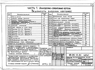 Состав альбома. Типовой проект 181-94-112.84Альбом 1 Архитектурно-строительные чертежи. Часть 2 Санитарно-технические, электротехнические чертежи