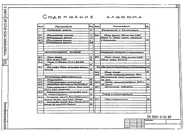 Состав альбома. Типовой проект 503-9-23.87Альбом 1 Пояснительная записка. Архитектурные решения. Конструкции железобетонные. Отопление и вентиляция. Внутренние водопровод и канализация. Силовое электрооборудование. Электроосвещение. Связь и сигнализация.          