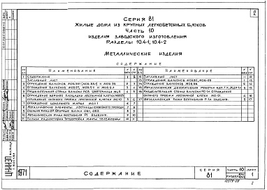 Состав фльбома. Типовой проект 81-04/1.2Альбом 18 Изделия заводского изготовления. Металлические изделия. Часть 10, раздел 10.4-1, 10.4-2 