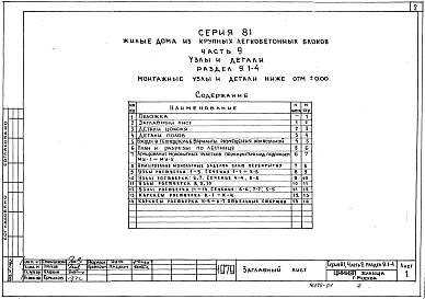 Состав фльбома. Типовой проект 81-04/1.2Альбом 10 Узлы и детали. Монтажные узлы и детали ниже отм. 0.000. Часть 9, раздел 9.1-4