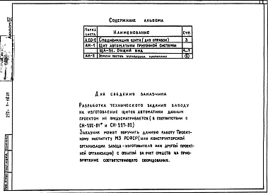 Состав альбома. Типовой проект 252-3-48.85Альбом 4 Общие виды щитов автоматики