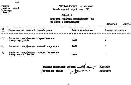 Состав альбома. Типовой проект 224-9-96Альбом 3 Заказные спецификации.    