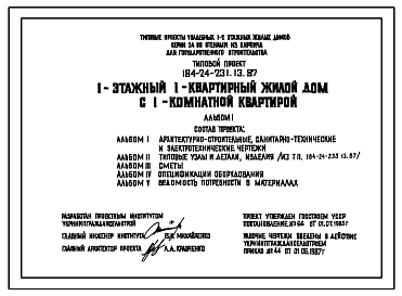 Состав Типовой проект 184-24-231.13.87 1-этажный 1-квартирный жилой дом с 1-комнатной квартирой (для строительства в северно-центральных районах Украинской ССР)