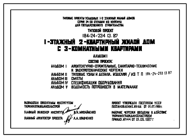 Состав Типовой проект 184-24-234.13.87 1-этажный 2-квартирный жилой дом с 3-комнатными квартирами (для строительства в северно-центральных районах Украинской ССР)