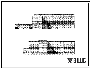Фасады Типовой проект 252-3-29 Главный корпус кардиологического диспансера на 240 коек. Здание двух-, пятиэтажное.  Каркас сборный железобетонный серии ИИ-04. Стены из легкобетонных панелей.