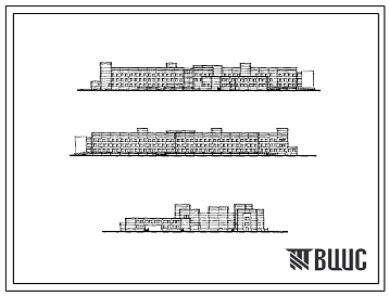 Фасады Типовой проект 252-1-105 Главный корпус инфекционной больницы для детей на 150 коек. Здание двух-, трёхэтажное. Каркас сборный железобетонный серии ИИ-04. Стены из легкобетонных панелей.