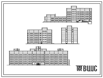 Фасады Типовой проект 252-3-44.85 Главный корпус противотуберкулёзного диспансера на 600 посещений в смену со стационаром на 200 коек. Здание двух -, семиэтажное. Стены из легкобетонных панелей.