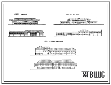 Фасады Типовой проект 232-01-174.89 СПТУ на 270 учащихся с общежитием на 100 мест. Каркас по серии 1.020-1/83. Стены из однослойных легкобетонных панелей по серии 1.030.1-1. В составе: Учебно-общественный корпус двух-, трехэтажный.