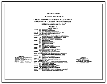 Состав Типовой проект А-II,III,IV-600-405.87 Заглубленный склад материалов и оборудования отдельно стоящий в водонасыщенных грунтах. (убежище на 600 человек, размеры убежища 24м на 18м, режимы вентиляции убежища 1,2)