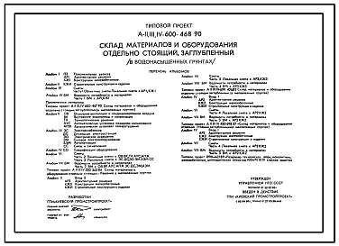 Состав Типовой проект А-II,III,IV-600-468.90 Заглубленный склад материалов и оборудования отдельно стоящий в водонасыщенных грунтах (убежище на 600 человек, размеры убежища 24м на 18м, режимы вентиляции 1,2,3)