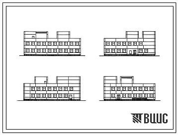 Фасады Типовой проект 252-9-115.86 Лечебно-трудовые мастерские на 80 мест психиатрической  больницы для детей и подростков на 40 коек. (в конструкциях серии 1.020-1/83). Здание двухэтажное. Стены из легкобетонных панелей по серии 1.030.1-1.