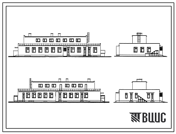 Фасады Типовой проект 254-9-82 Пищеблок районной больницы на 400 коек с поликлиникой на 600 посещений в смену. Здание одно-,    двухэтажное. Стены из кирпича.