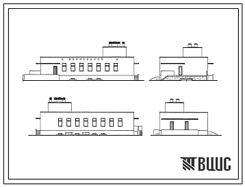 Фасады Типовой проект 254-9-57 Пищеблок районной  больницы  на 300 коек с поликлиникой на 800 посещений в смену. Здание одноэтажное. Стены из кирпича.