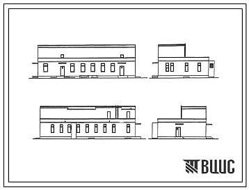 Фасады Типовой проект 254-9-99с.84 Пищеблок центральной районной больницы на 250 коек с поликлиникой на 500 посещений в смену. Сейсмичность 7, 8, 9 баллов. Здание  одно-, двухэтажное. Стены из кирпича.