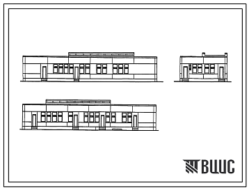 Фасады Типовой проект 252-9-43 Хозяйственный корпус инфекционной больницы на 300 коек. Здание одноэтажное. Каркас сборный железобетонный серии ИИ-04. Стены из керамзитобетонных панелей.