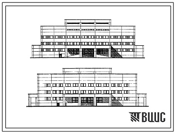 Фасады Типовой проект 252-07-27.90 Терапевтический корпус на 60 коек для расширения больниц (объёмно-планировочное решение). Здание одно-, четырёхэтажное. Каркас по серии 1.020-1/83. Стены из трёхслойных легкобетонных панелей на жёстких связях по серии 1.232.1-7