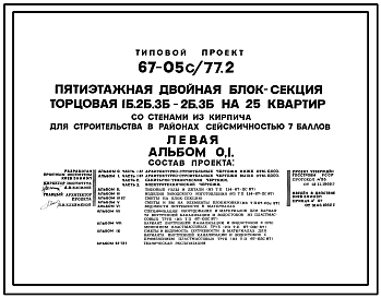 Состав Типовой проект 67-05с/77.2 Пятиэтажная двойная блок-секция торцовая 1Б, 2Б, 3Б-2Б, 3Б на 25 квартир