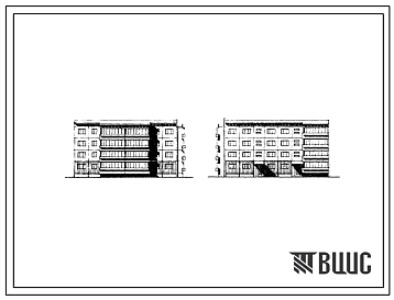 Фасады Типовой проект 76-049сп/1 Четырехэтажная блок-секция торцовая правая на 20 квартир (однокомнатных IБ-8; двухкомнатных 2Б-8; трехкомнатных 3Б-4).