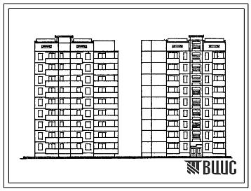 Фасады Типовой проект 135-083с.86 Девятиэтажная блок-секция поворотная с торцевым окончанием (прямая) на 18 трехкомнатных квартир типа 3Б