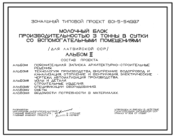 Состав Типовой проект 801-5-54.13.87 Молочный блок производительностью 3 тонны в сутки со вспомогательными помещениями (для строительства в Латвийской ССР)