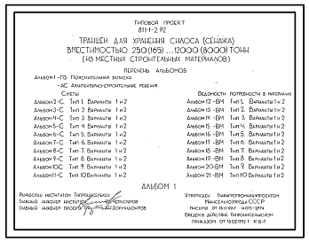 Состав Типовой проект 811-1-2.92 Траншея для силоса и сенажа из местных материалов, в том числе монолитного бутобетона на 250 (165), 500 (330), 750 (500), 1000 (660), 1500 (1000), 2000 (1300), 2250 (1500), 3000 (2000), 4000 (2600), 4500 (3000), 6000 (4000), 8000