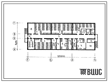 Фасады Типовой проект П-4-285(224-3-33с.86) Хозяйственно-бытовые помещения в подвале интерната при школе (спальный корпус) на 120 мест, (убежище на 285 человек, размеры убежища 35,1м на 15м, режимы вентиляции 1,2).