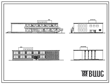 Фасады Типовой проект 244-4-5 Клуб-столовая с обеденным залом на 360 (300) посадочных мест для пионерского лагеря-базы отдыха круглогодичного действия, для строительства во 2 и 3 строительно-климатических зонах. Здание двухэтажное, стены из кирпича.